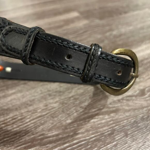 Vintage L.L.Bean Black Leather Beaded Belt Sz L Brass Buckle Western Boho Unisex - Picture 7 of 12